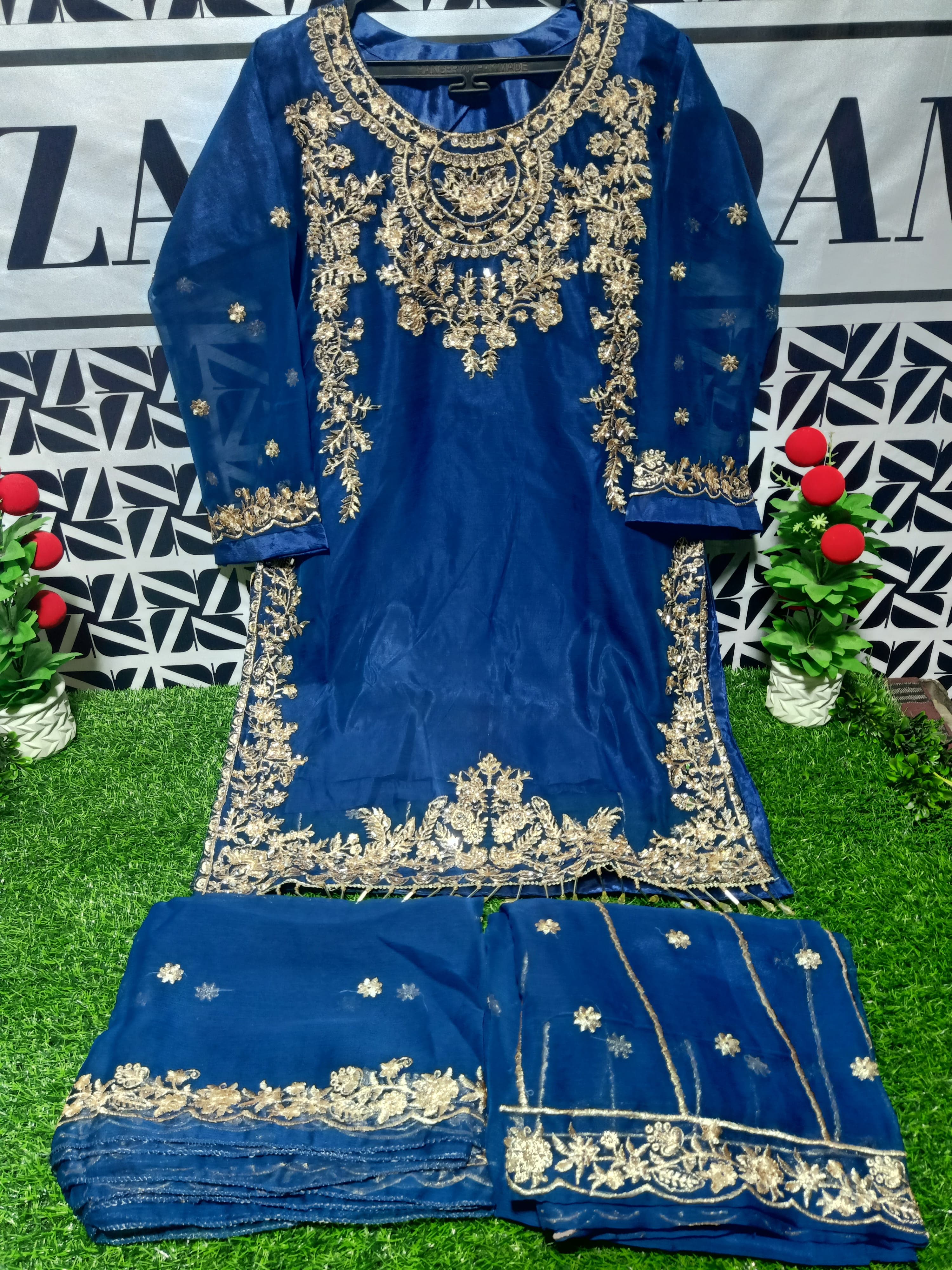 Majestic Gold Embroidered Shafoon 3-Piece Suit – Formal Straight Kameez with Trousers & Dupatta