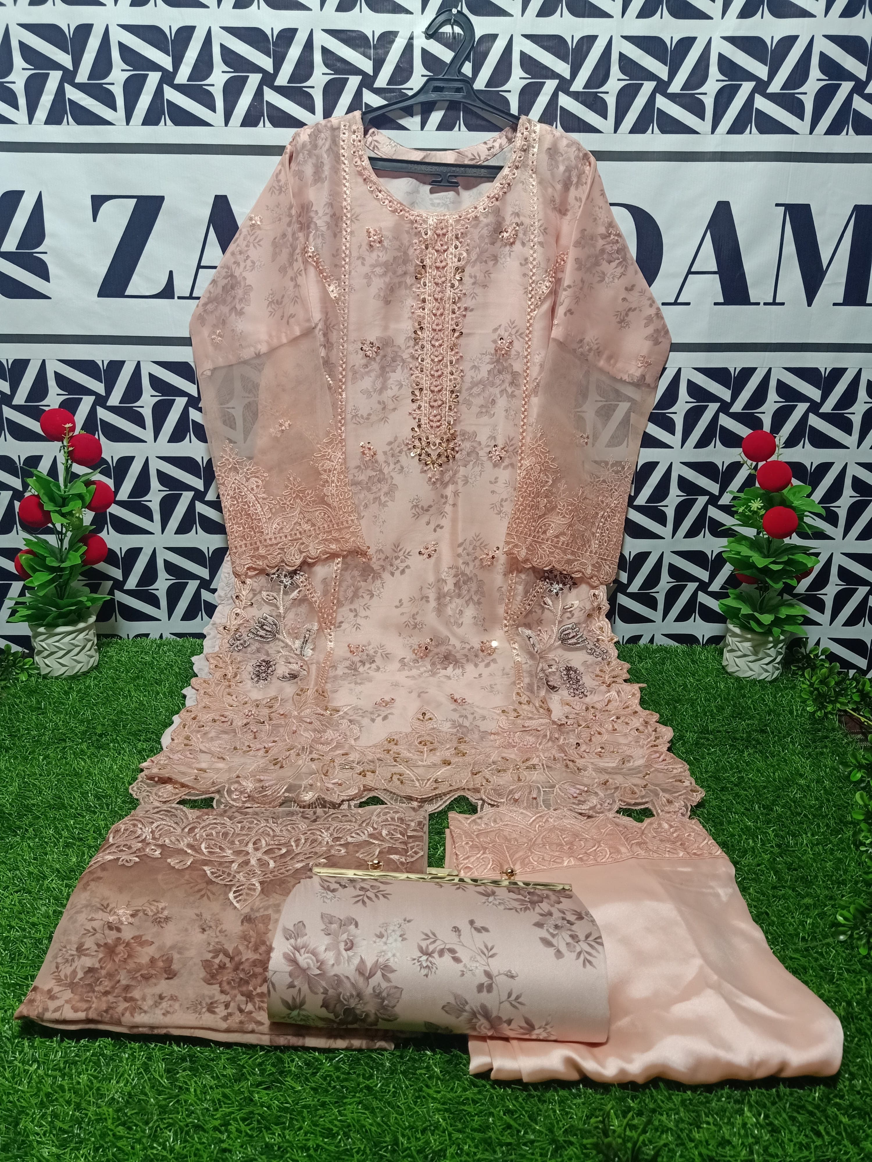 Pastel Botanical Print Elegance – Elegance Embroidery with Printed Shamooz Base  4-Piece Hand Work Suit with Matching Handbag