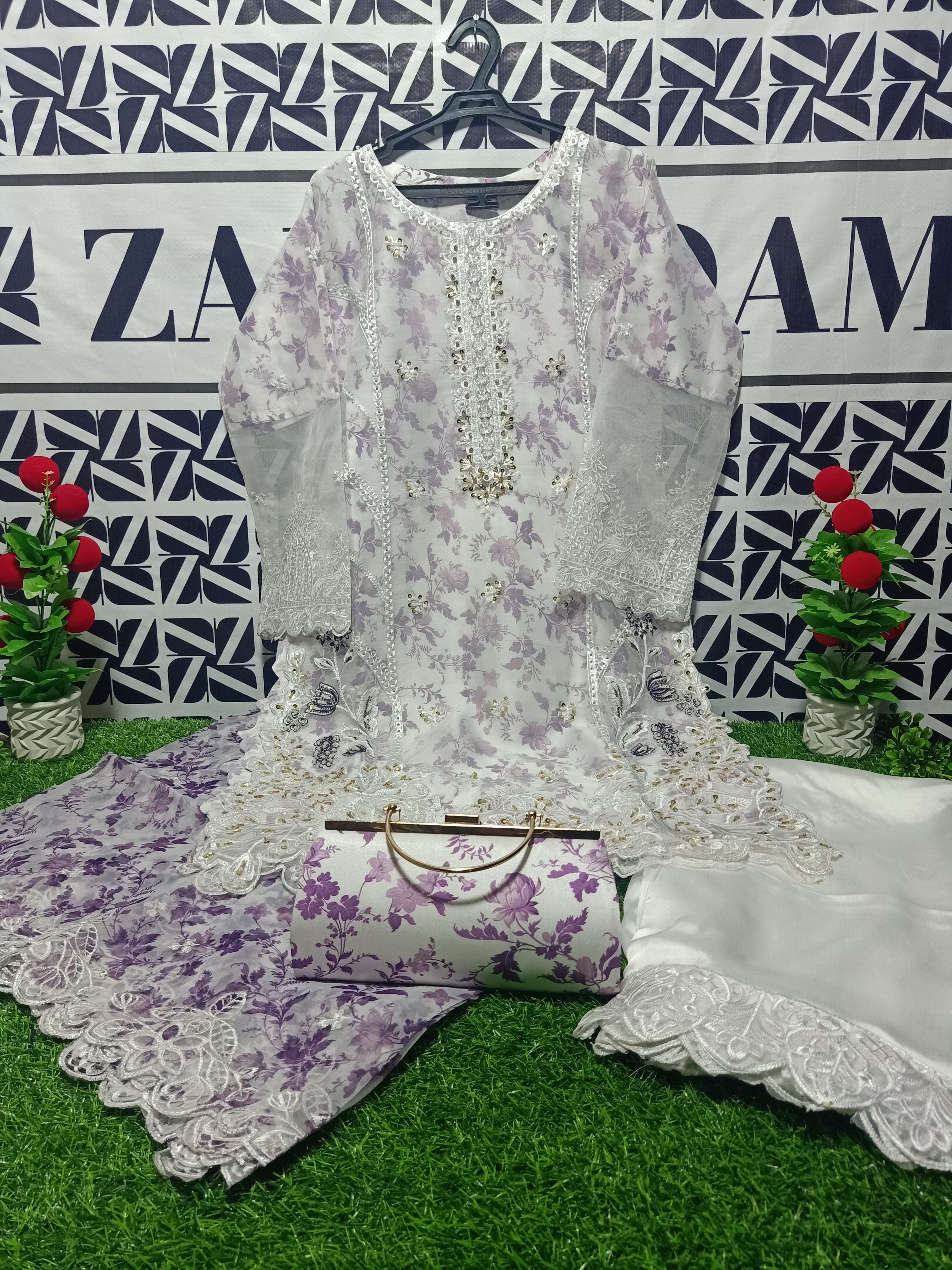 Pastel Botanical Print Elegance – Elegance Embroidery with Printed Shamooz Base  4-Piece Hand Work Suit with Matching Handbag