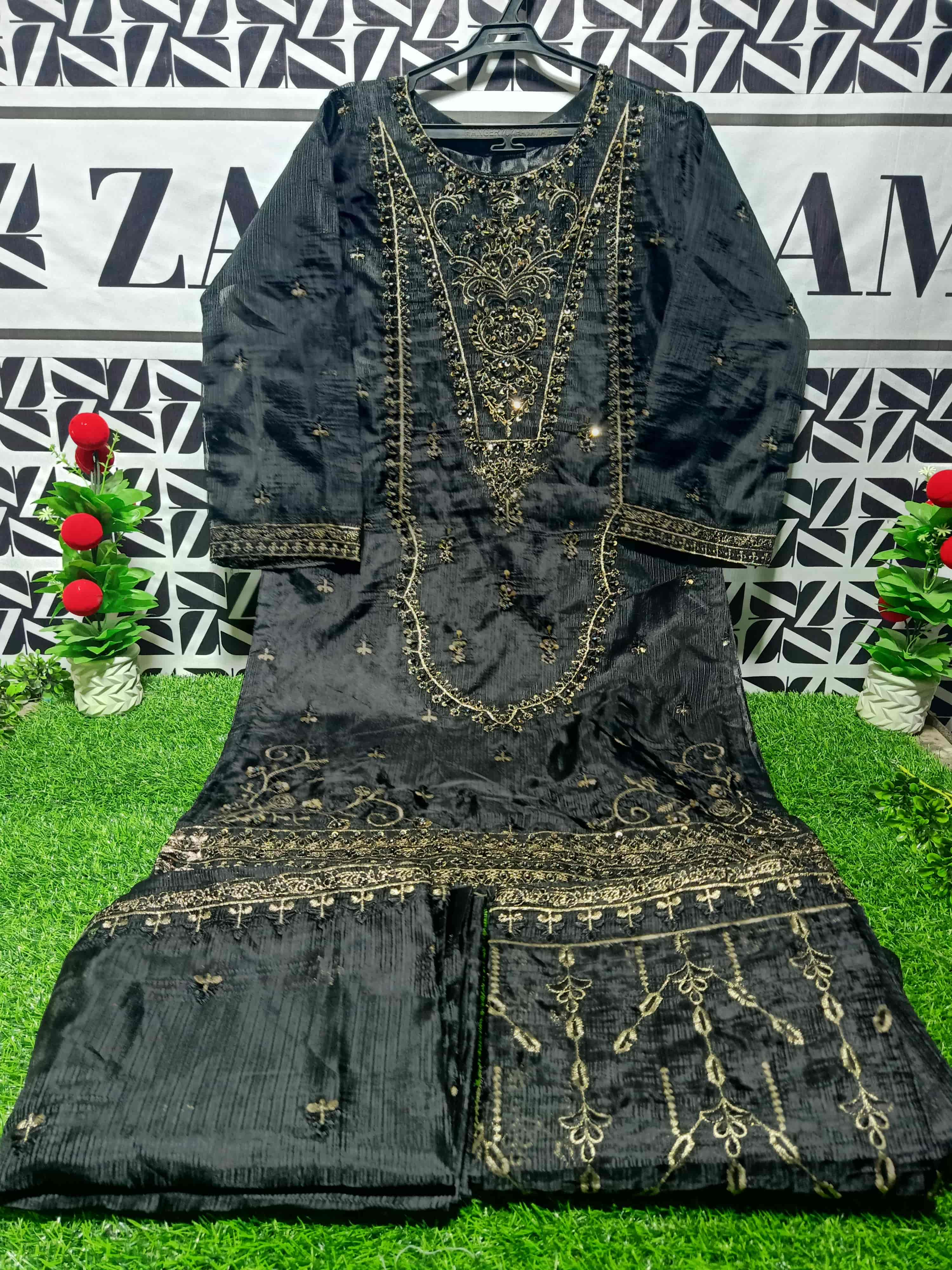 Onyx Gilded: Gold Embroider Slub with Unique Hand Placed Beadwork - 3-Piece Formals