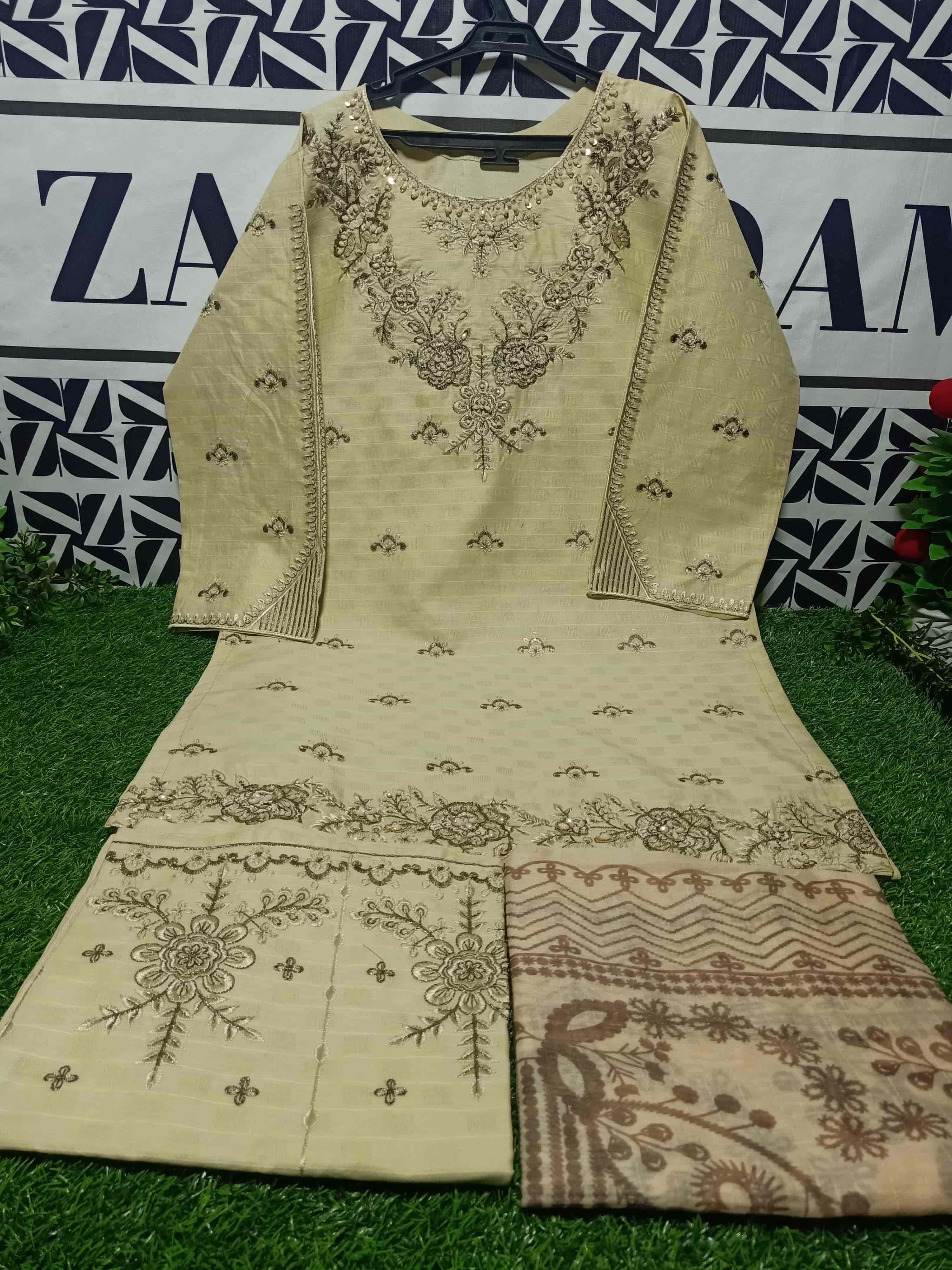 Ivory Heritage Floral Embroidery – Tonal Thread Work with Premium Cotton Base 3-Piece Sequin Accented Suit with Matching Embroidered Trouser