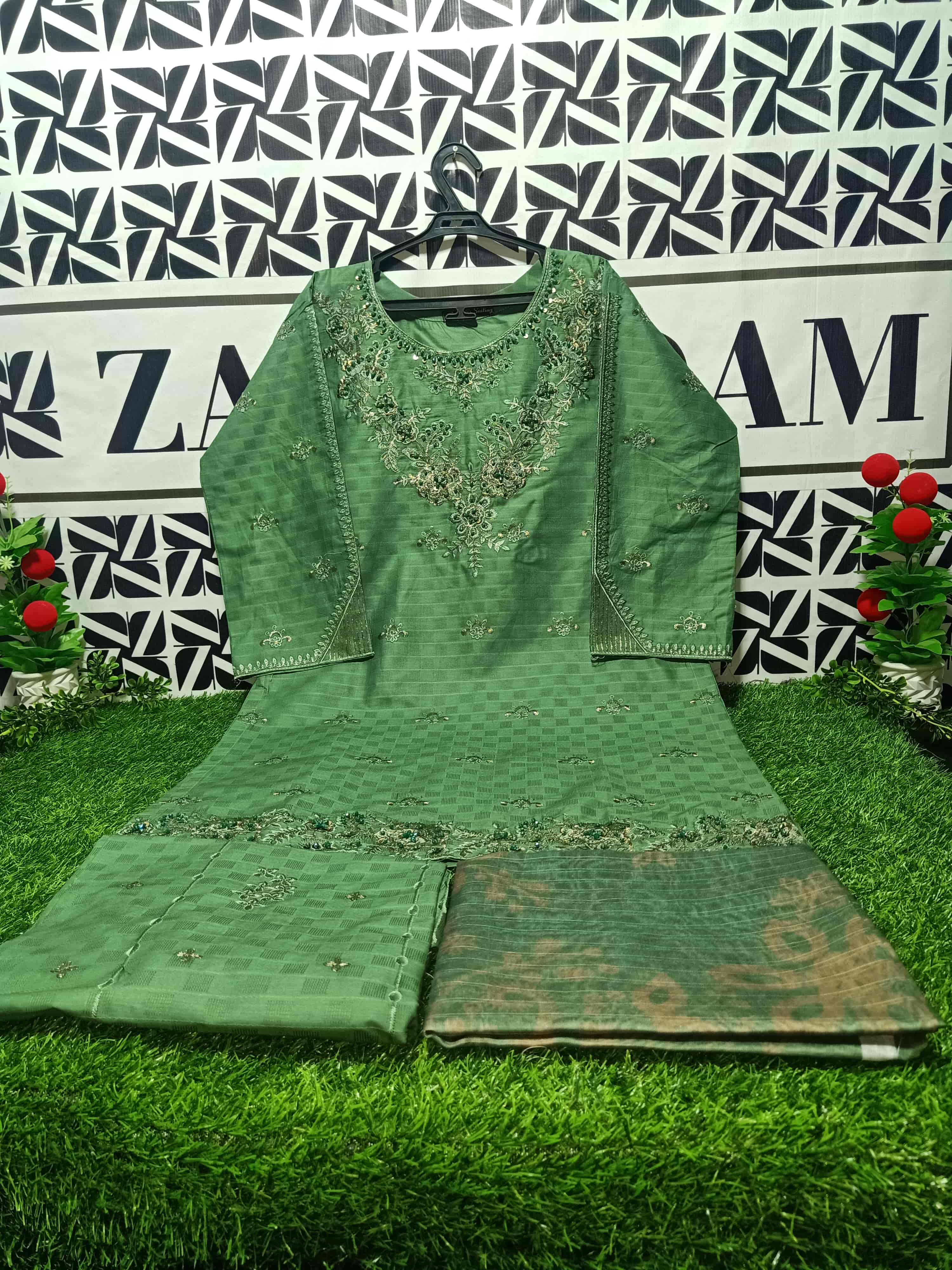 Ivory Heritage Floral Embroidery – Tonal Thread Work with Premium Cotton Base 3-Piece Sequin Accented Suit with Matching Embroidered Trouser