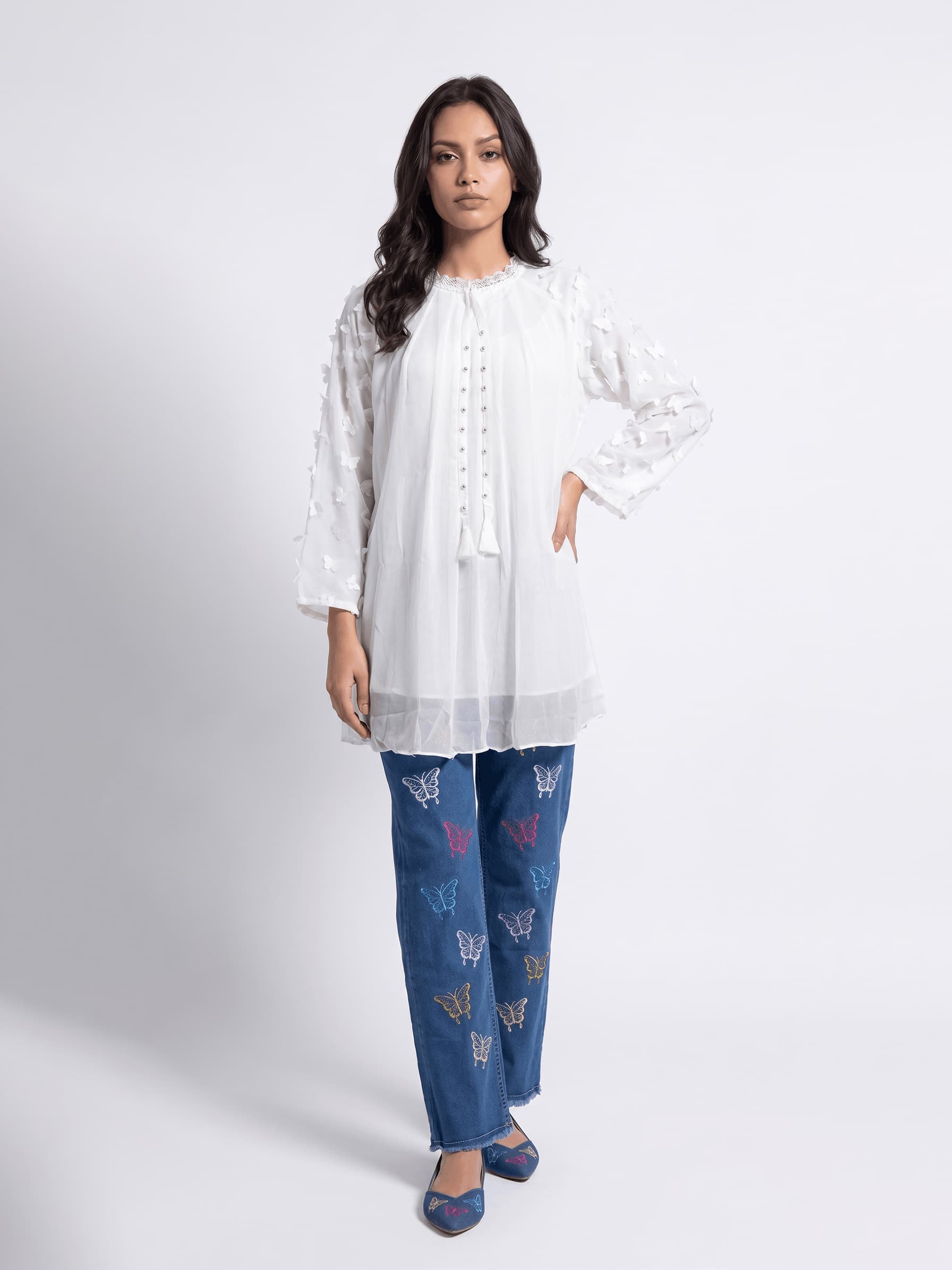 Flutter Crinkle Tunic & Butterfly Denim Set - 2PC