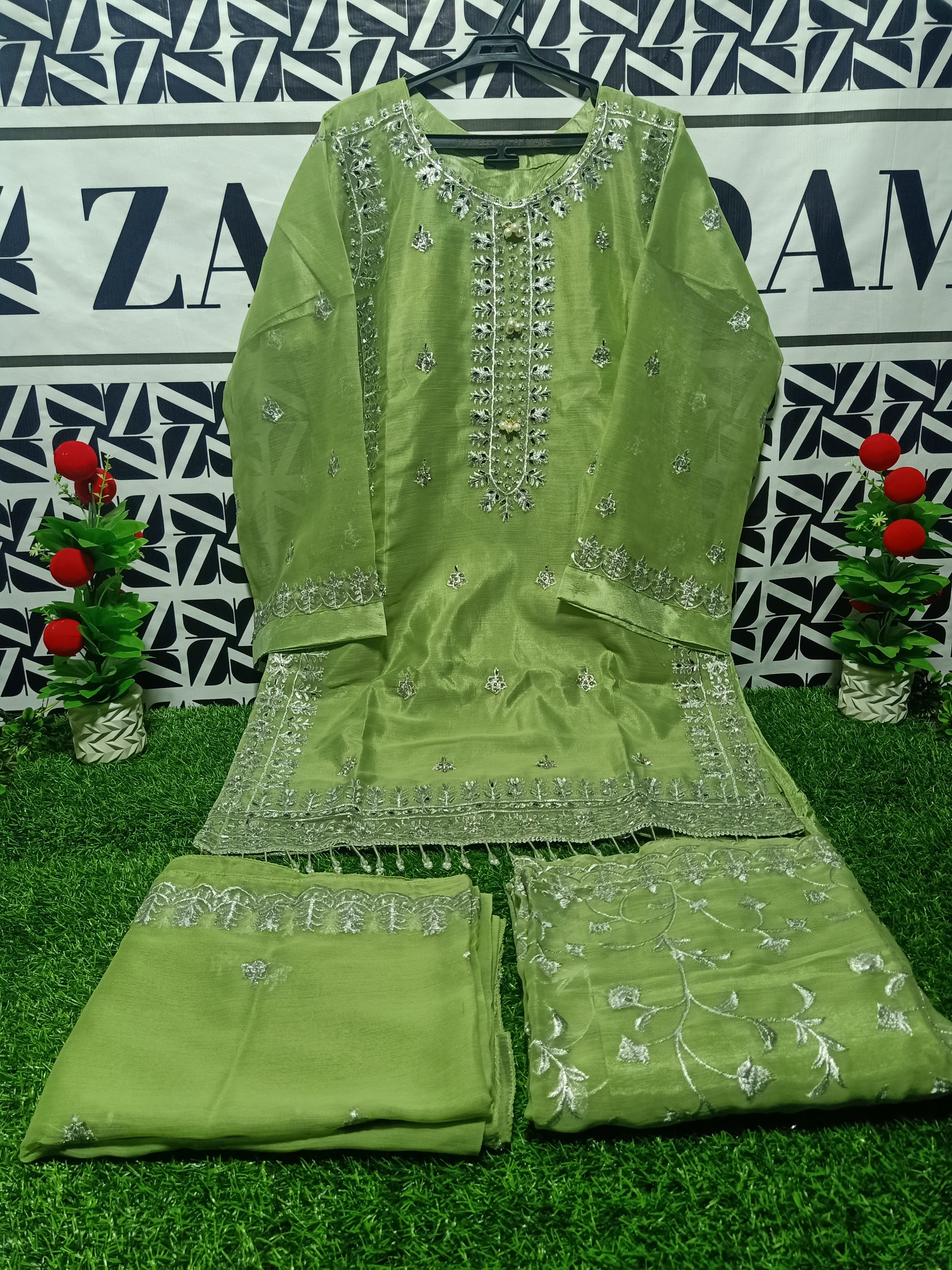 Lunar Grace – Majestic Silver Embroidered Shafoon 3-Piece Suit with Trouser & Dupatta